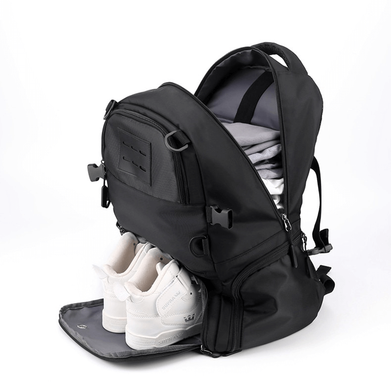 Unisex sports backpack with shoe compartment, detachable net pocket, waterproof material, and adjustable straps, perfect for athletes.